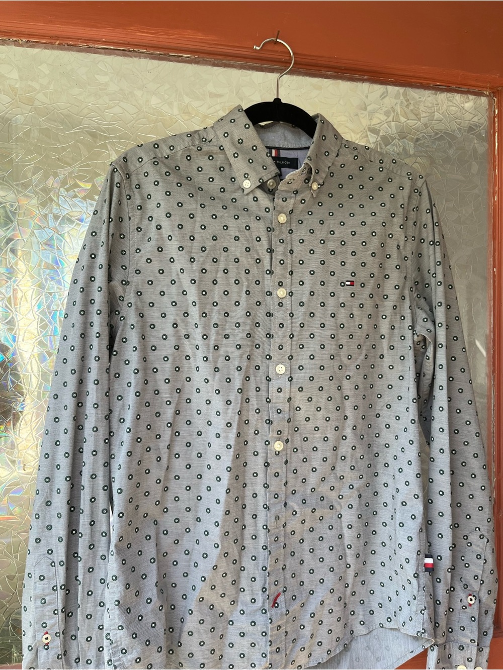 Tommy Hilfiger Men's Gray Button-Down Shirt with Polka dot Pattern